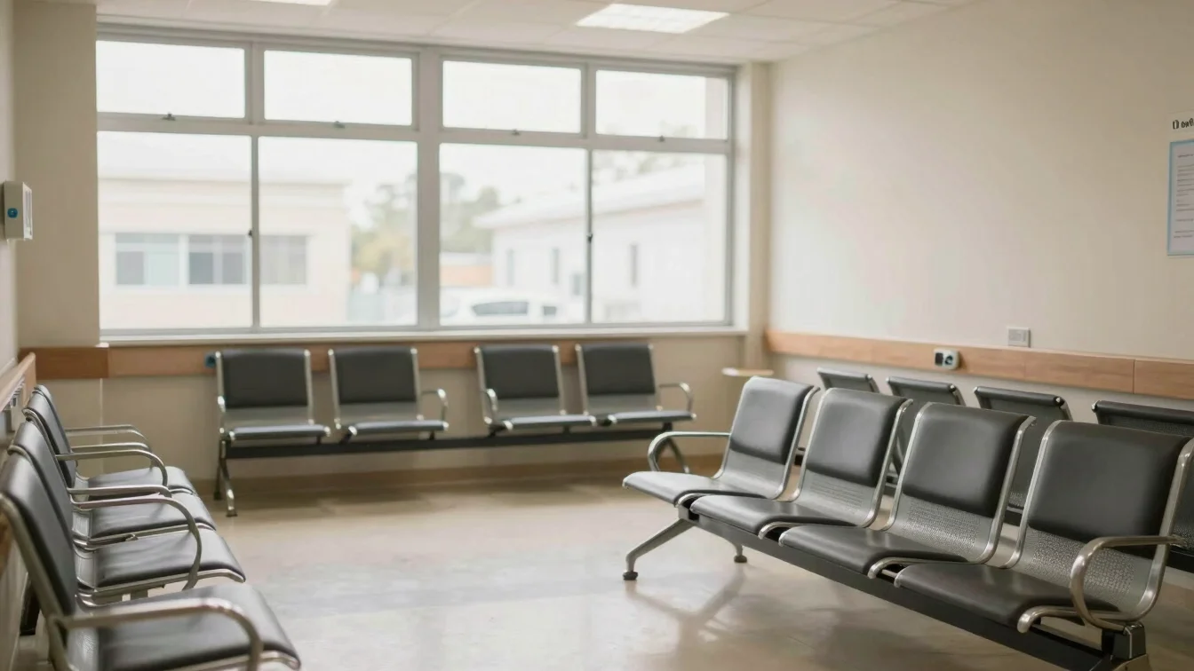 Candid editorial photograph of a bright clinic waiting area with soft window light, empty chairs and a quiet neutral pal