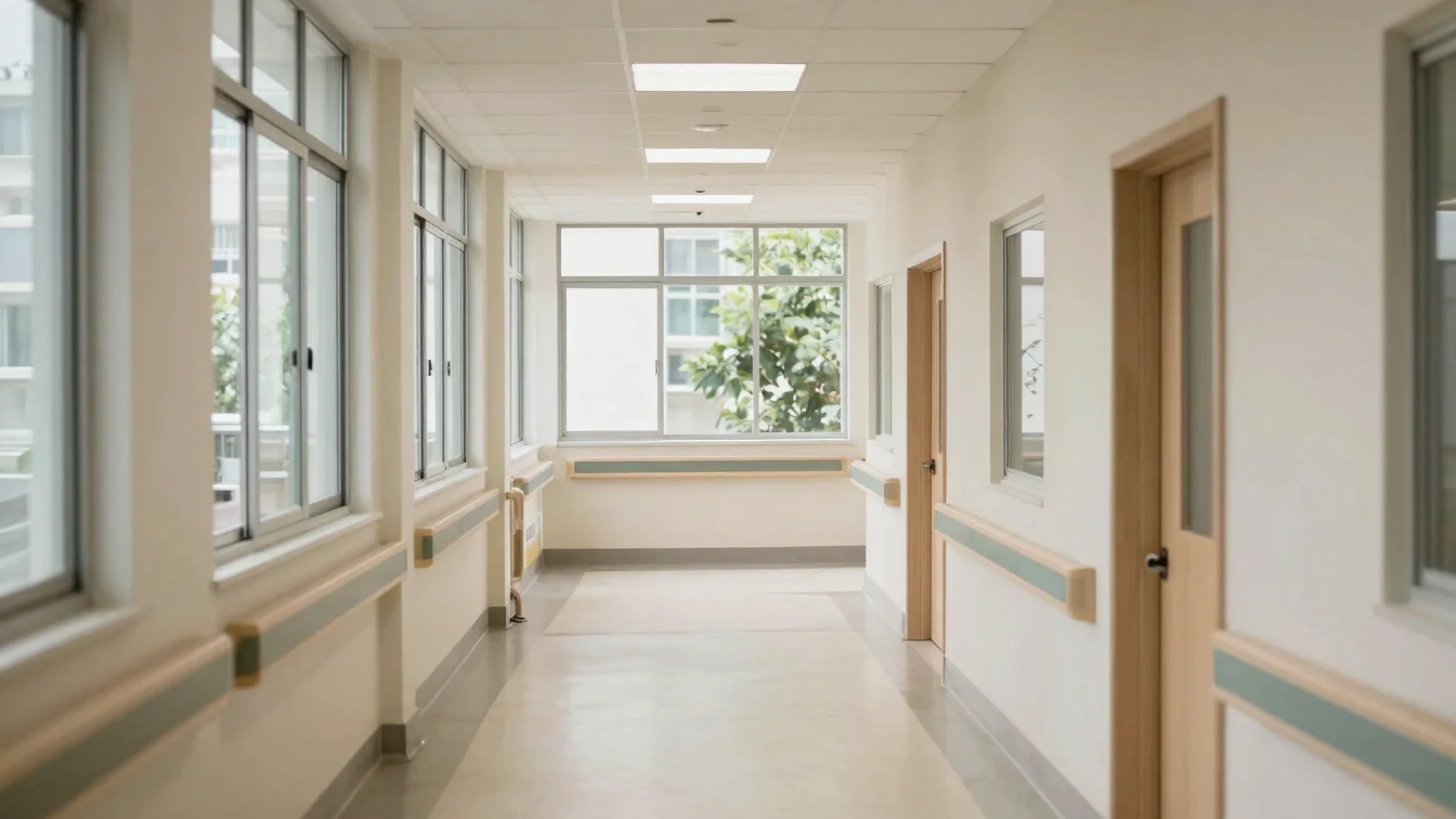 Environmental photograph of a tidy hospital corridor in soft natural daylight, neutral tones, clean lines, no people in
