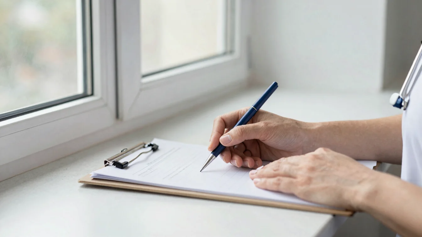 Close detail of hands resting on a clipboard beside a window, soft natural light, neutral tones, shallow depth of field,