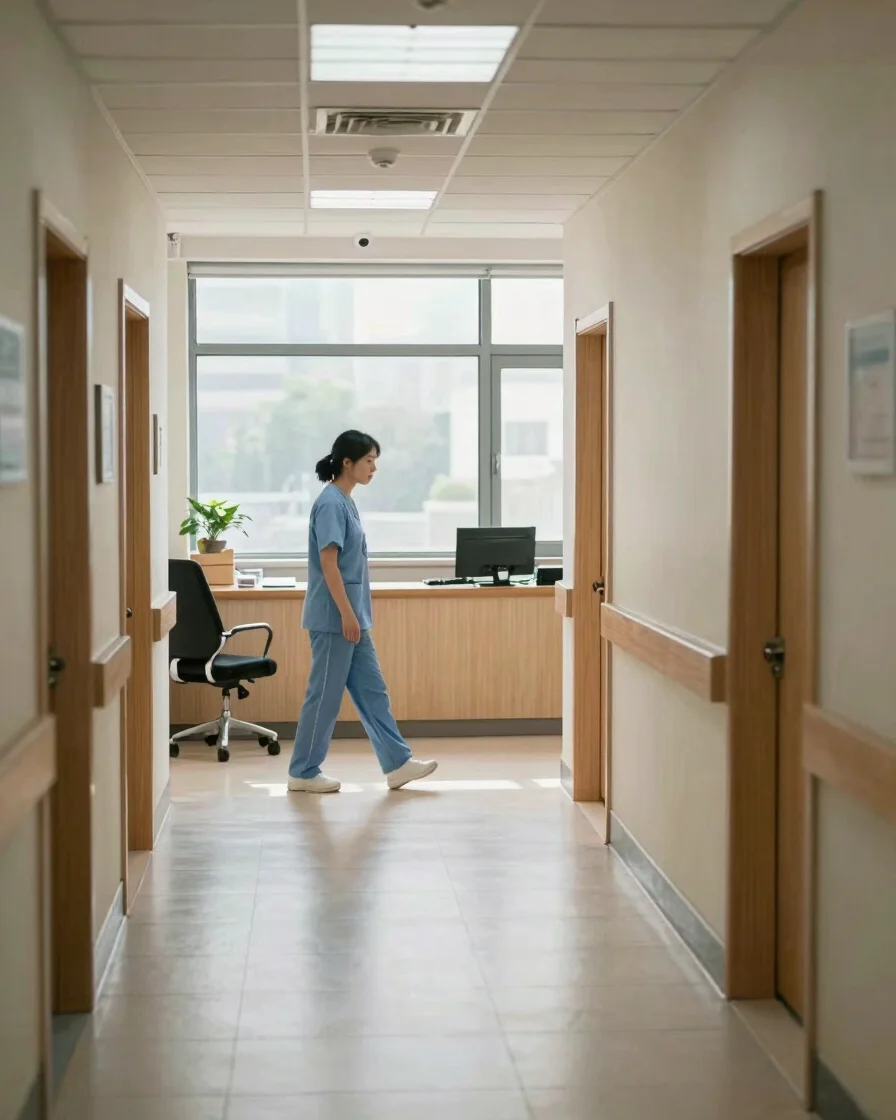 Natural editorial healthcare photograph of a clinic corridor with soft window daylight, a care staff member walking unhu