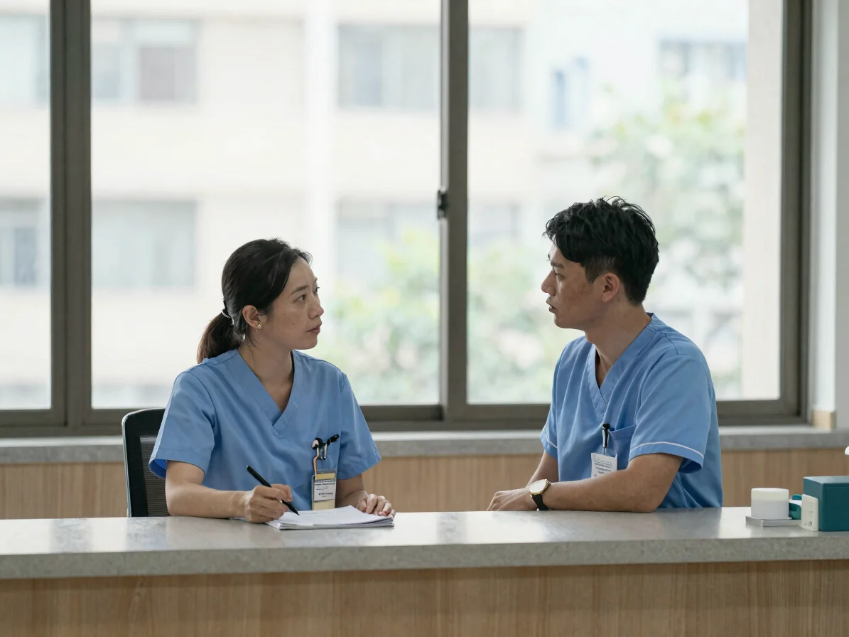 Natural editorial photograph of two clinic staff members talking quietly at a nurses' station beside a window, soft wind