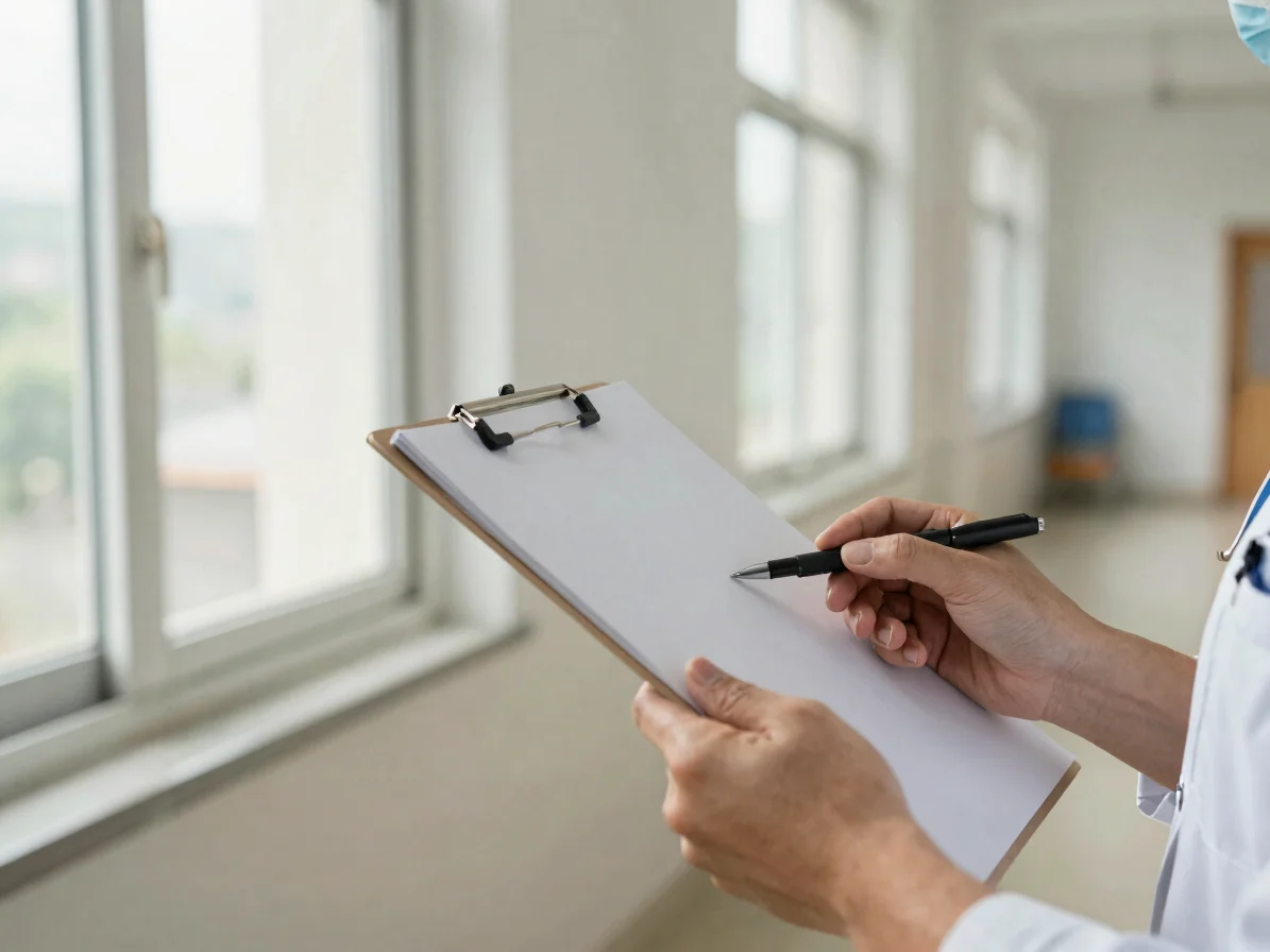 Close detail of a clinician's hands holding a clipboard in a bright clinical corridor, soft window light, neutral skin t