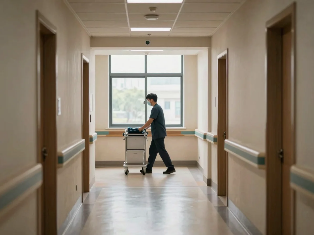 Calm hospital corridor with a staff member pushing a supply cart past a sunlit window, quiet neutral tones, unhurried ca