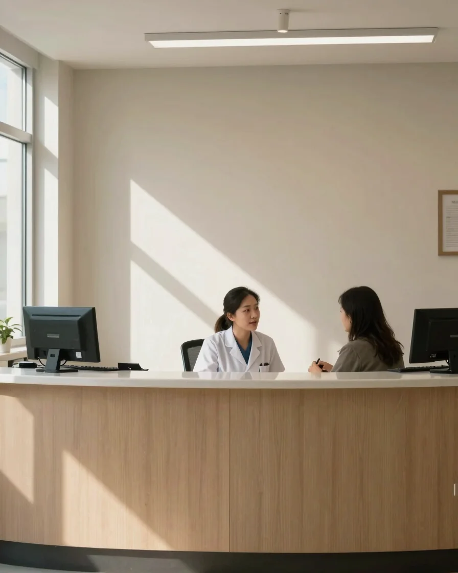 Natural editorial healthcare photograph of a clinic reception area, soft window daylight falling across a quiet neutral